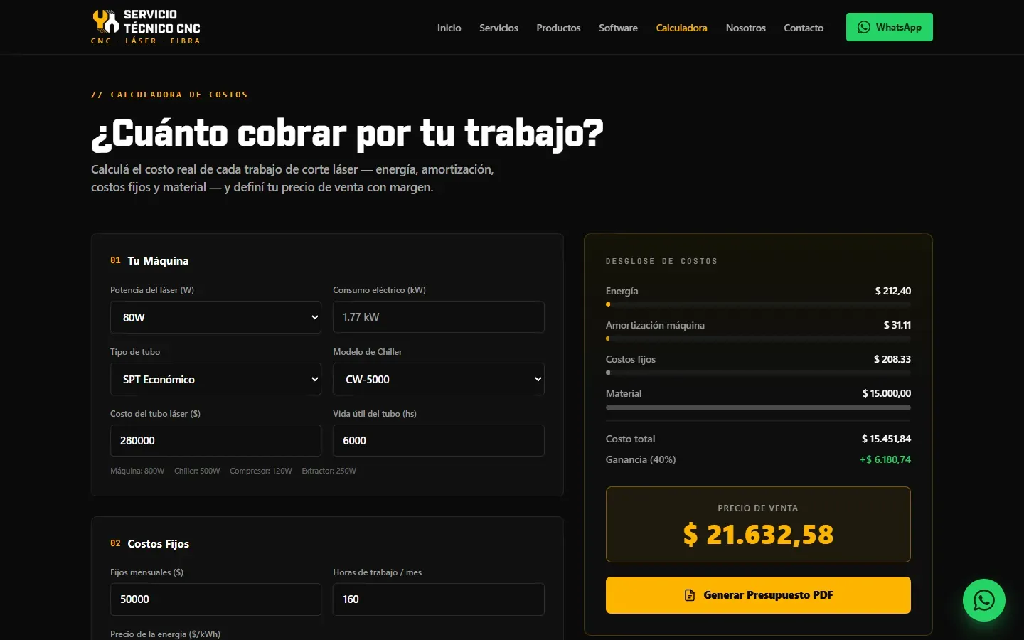 La calculadora de costos de corte láser