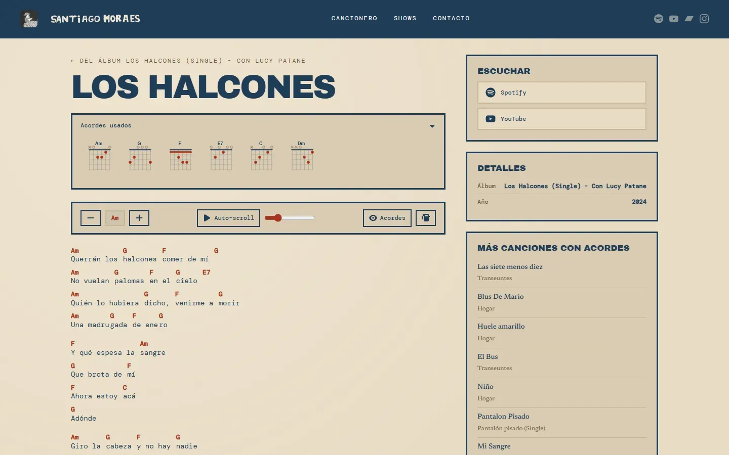 Letra con acordes, diagramas y controles para transponer