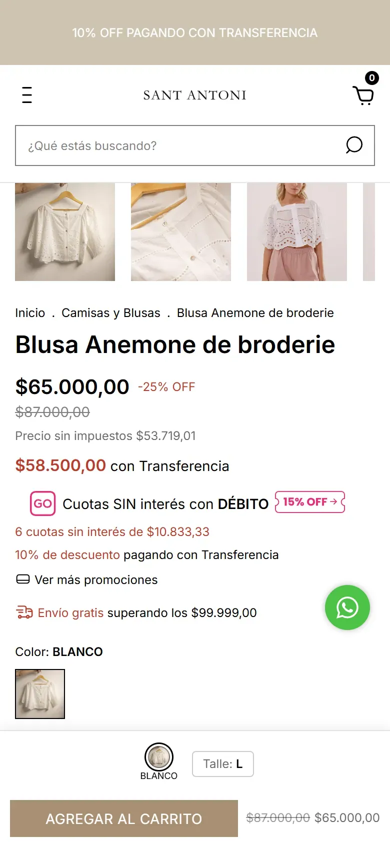Ficha con precio por transferencia y botón de compra fijo